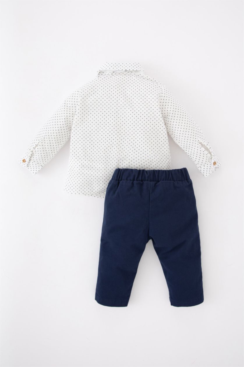 طفل صغير بيج فاتح طقم ولادي مطبوع من التويل بياقة قميص - 3 قطع