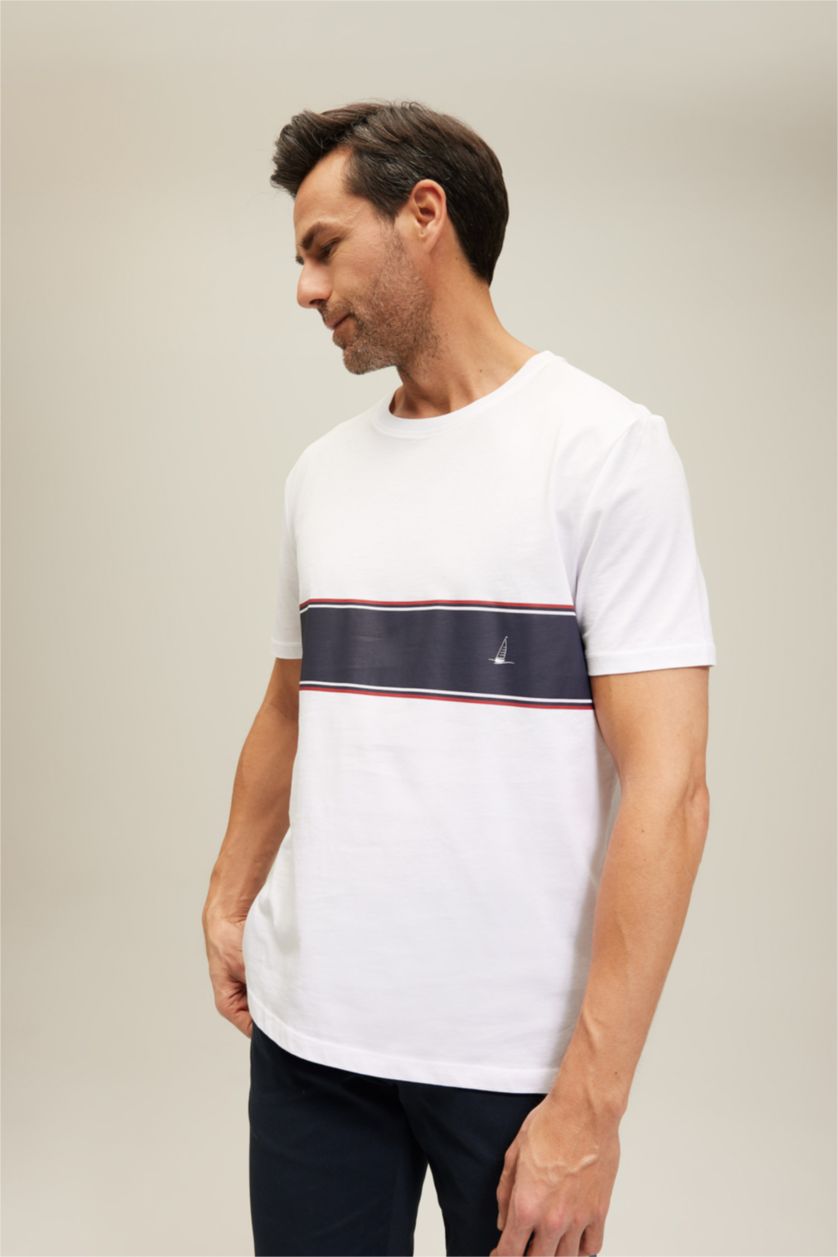 رجال أبيض تي شيرت قصة عادية بياقة مستديرة