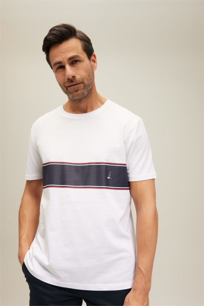 رجال أبيض تي شيرت قصة عادية بياقة مستديرة