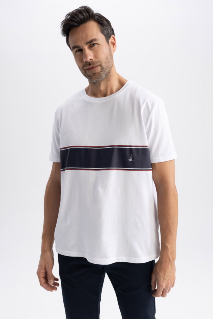 رجال أبيض تي شيرت قصة عادية بياقة مستديرة