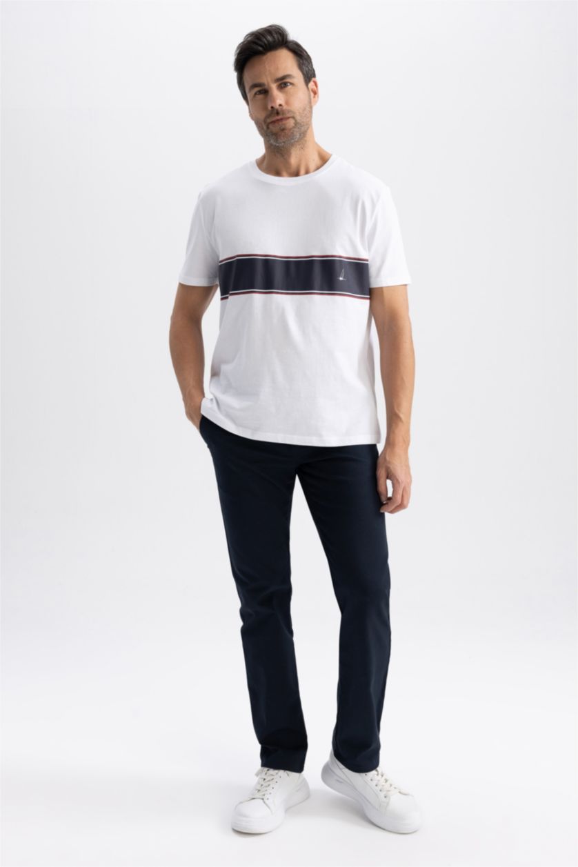 رجال أبيض تي شيرت قصة عادية بياقة مستديرة