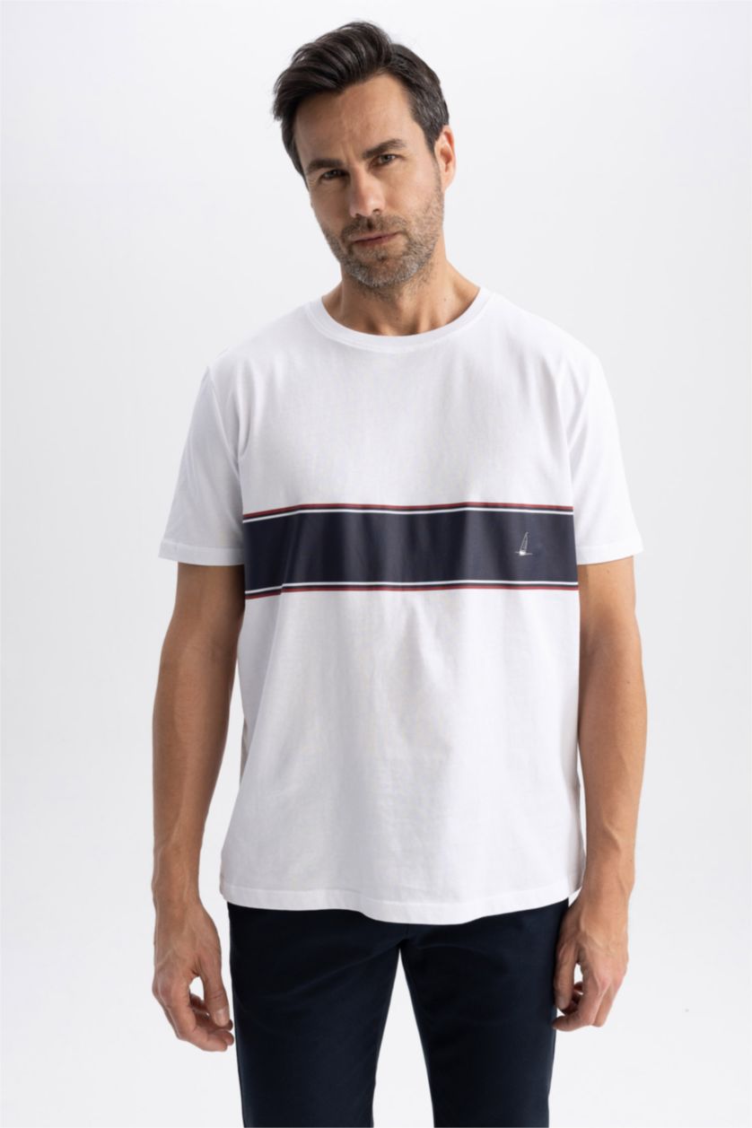 رجال أبيض تي شيرت قصة عادية بياقة مستديرة