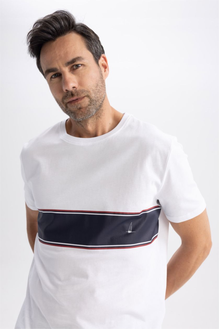 رجال أبيض تي شيرت قصة عادية بياقة مستديرة