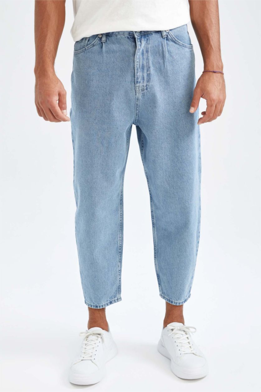 Erkek Açık Mavi Balloon Fit Bol Kalıp Yüksek Bel Normal Paça Jean Pantolon