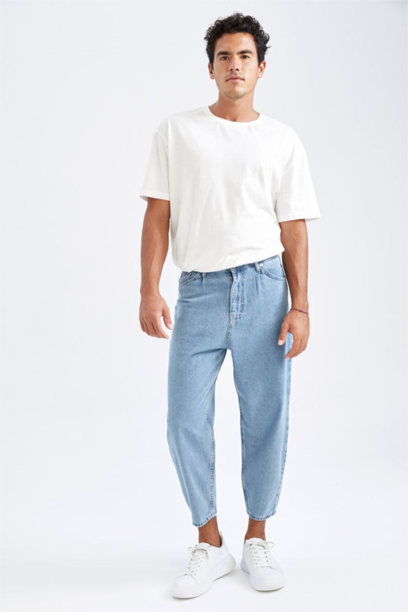 Erkek Açık Mavi Balloon Fit Bol Kalıp Yüksek Bel Normal Paça Jean Pantolon