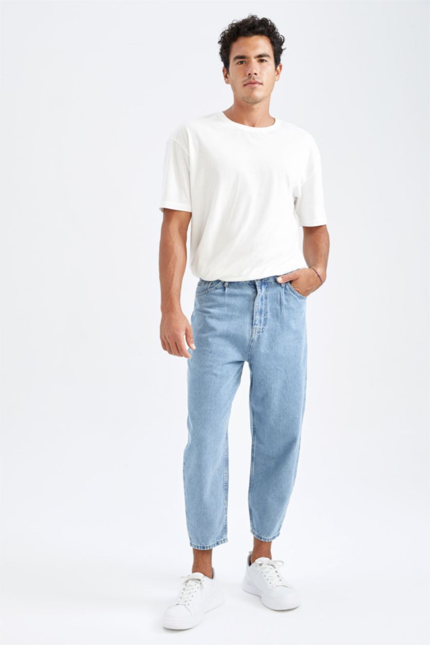 Erkek Açık Mavi Balloon Fit Bol Kalıp Yüksek Bel Normal Paça Jean Pantolon