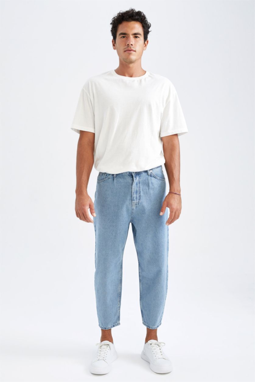 Erkek Açık Mavi Balloon Fit Bol Kalıp Yüksek Bel Normal Paça Jean Pantolon