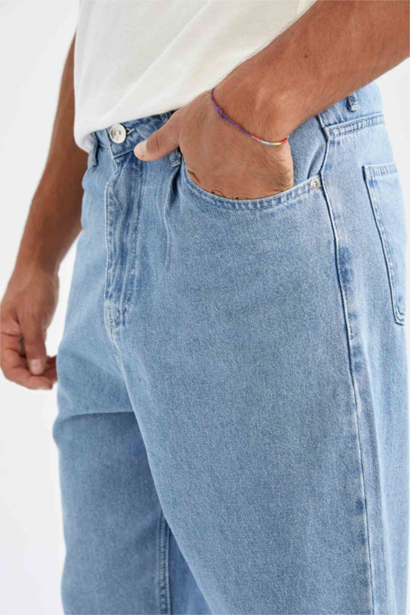 Erkek Açık Mavi Balloon Fit Bol Kalıp Yüksek Bel Normal Paça Jean Pantolon