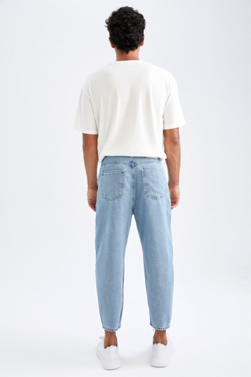 Erkek Açık Mavi Balloon Fit Bol Kalıp Yüksek Bel Normal Paça Jean Pantolon