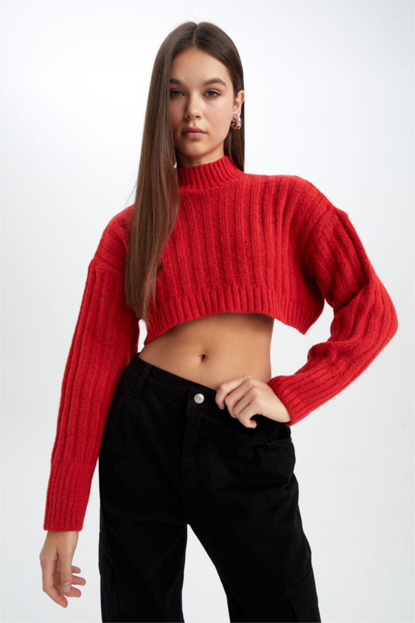 حريمي أحمر بلوفر اوفر سايز تريكو هاف كول