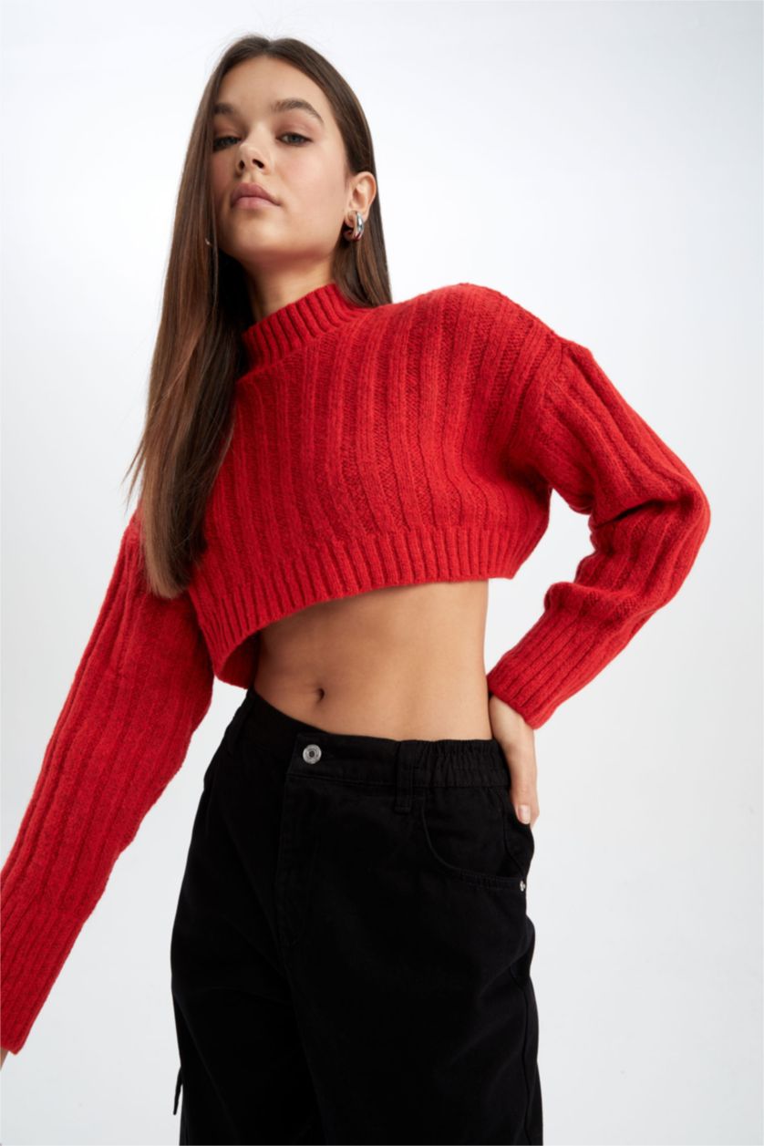 حريمي أحمر بلوفر اوفر سايز تريكو هاف كول