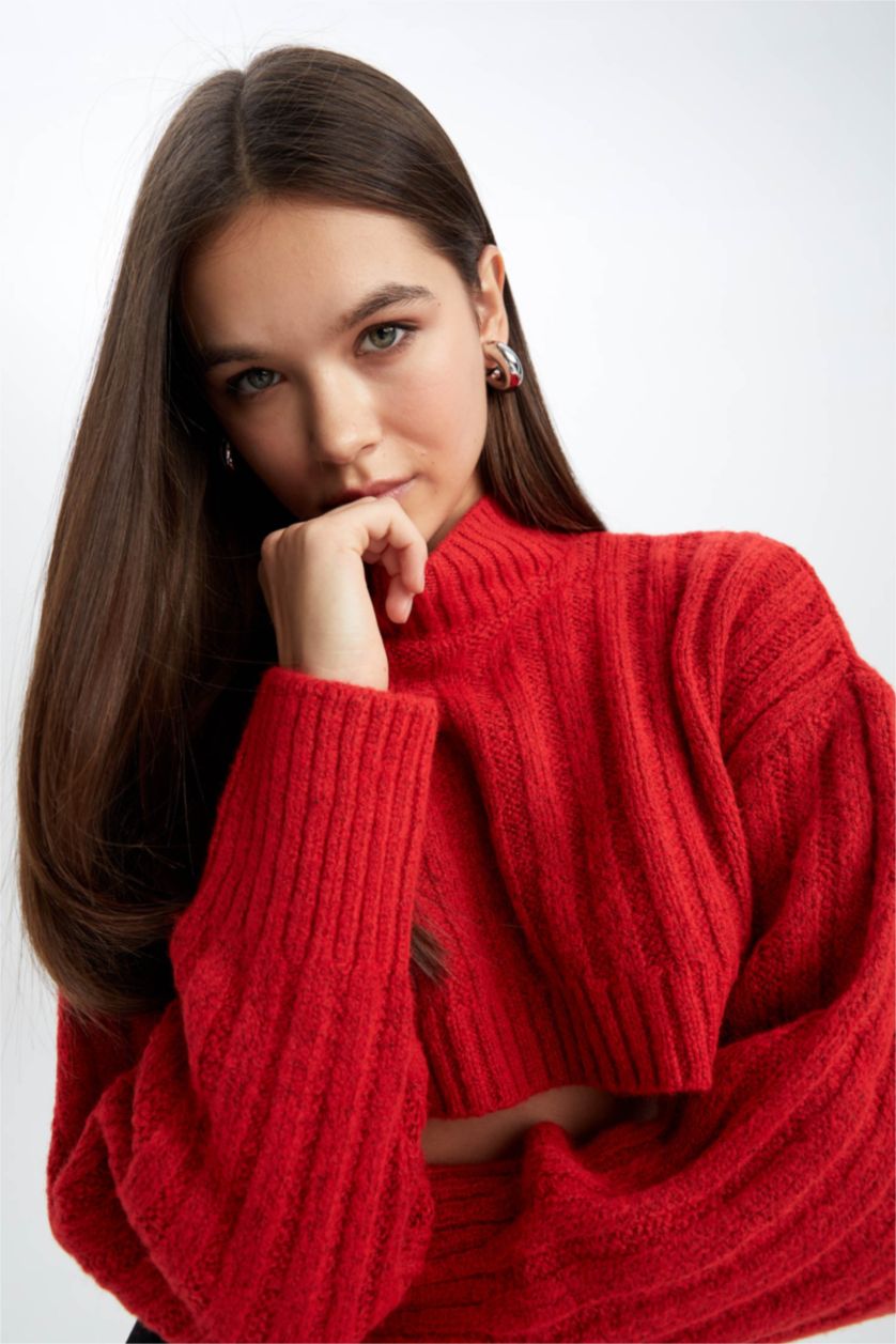 حريمي أحمر بلوفر اوفر سايز تريكو هاف كول