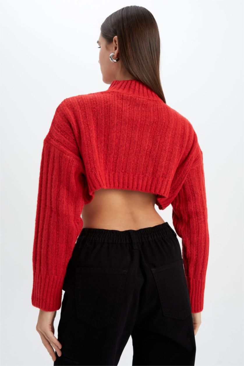 حريمي أحمر بلوفر اوفر سايز تريكو هاف كول