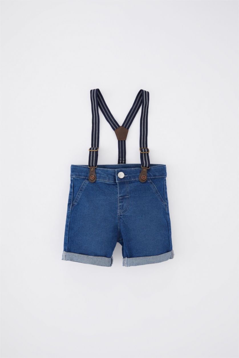 طفل صغير أزرق غامق شورت جينز اولادي قصة عادية بحمالات - قطعتين