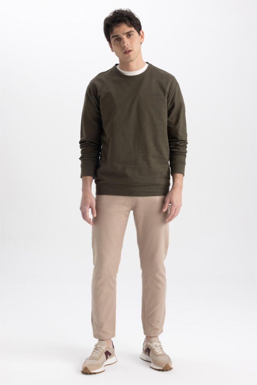 HOMME Kaki Sweat- Shirt Coupe Régulière Col rond Slogan Manche Longue