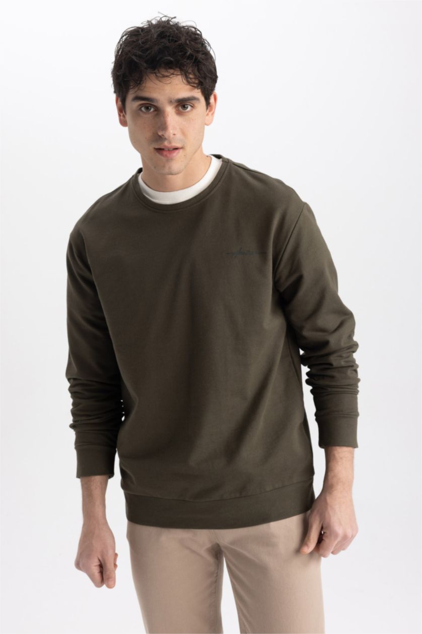 HOMME Kaki Sweat- Shirt Coupe Régulière Col rond Slogan Manche Longue