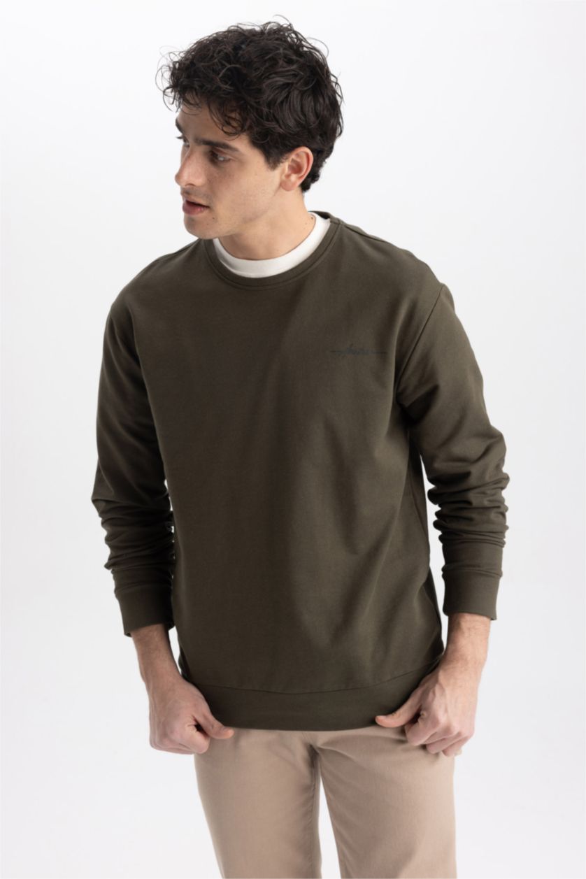 HOMME Kaki Sweat- Shirt Coupe Régulière Col rond Slogan Manche Longue