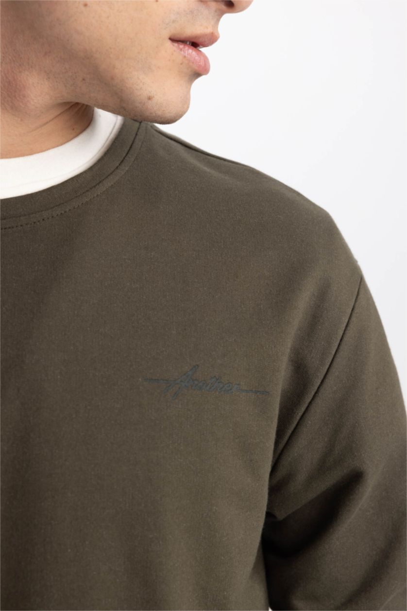 HOMME Kaki Sweat- Shirt Coupe Régulière Col rond Slogan Manche Longue