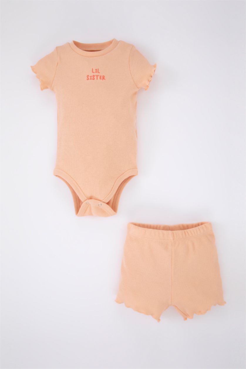 BABY GIRL Salmon Baby Girl Embroidered Ribbed Camisole Snap Fastener Body Shorts 2-Pack