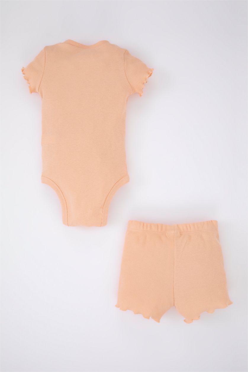 BABY GIRL Salmon Baby Girl Embroidered Ribbed Camisole Snap Fastener Body Shorts 2-Pack