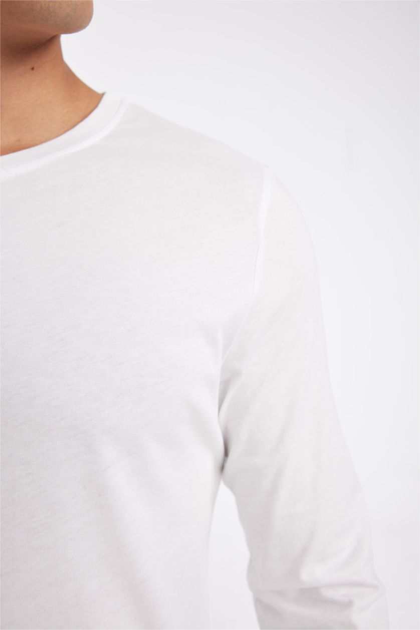 Erkek Kırık Beyaz %100 Pamuk Slim Fit Dar Kesim Bisiklet Yaka Basic Düz Uzun Kollu Pijama Üstü