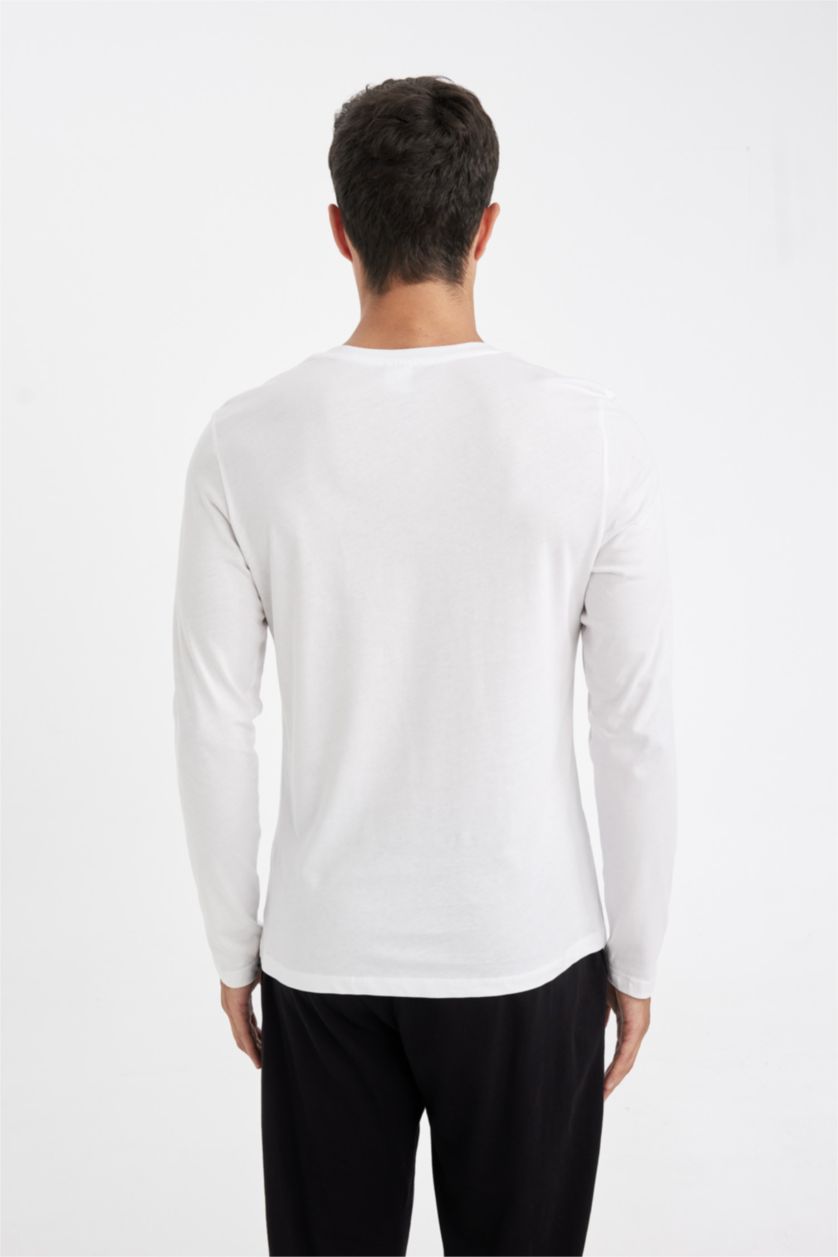 Erkek Kırık Beyaz %100 Pamuk Slim Fit Dar Kesim Bisiklet Yaka Basic Düz Uzun Kollu Pijama Üstü