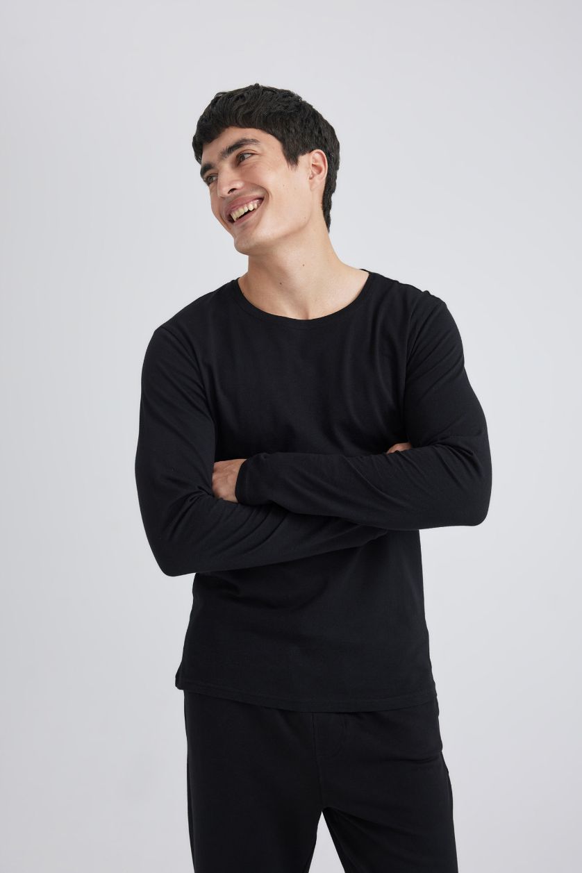 HOMME Noir Top Coupe Slim Col Rond à Manches Longues