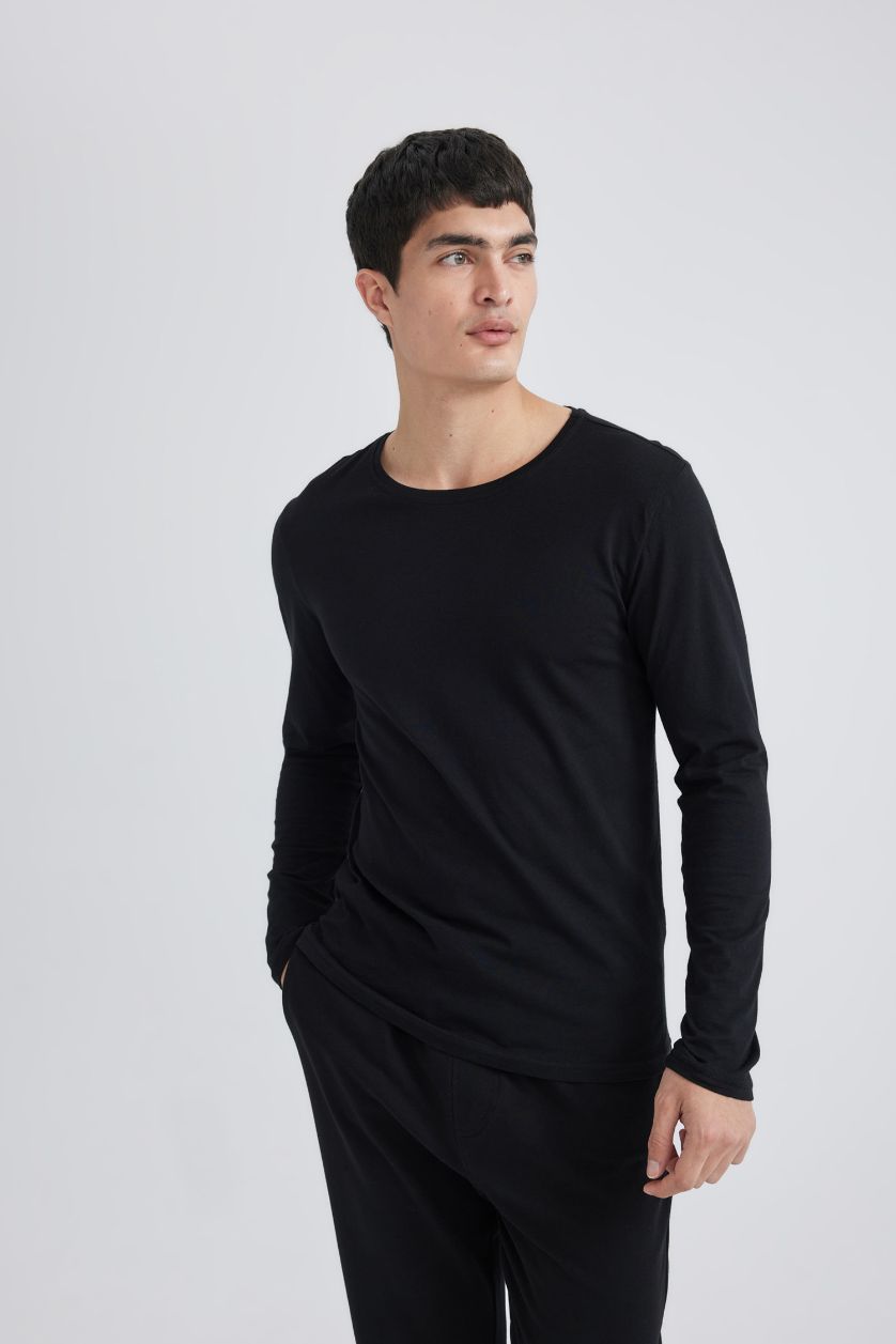 HOMME Noir Top Coupe Slim Col Rond à Manches Longues