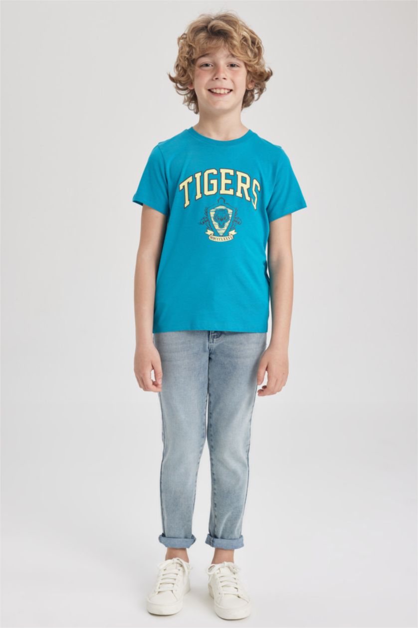 BOYS & TEENS Turquoise Boy Regular Fit Crew Neck Printed Short Sleeve T-Shirt