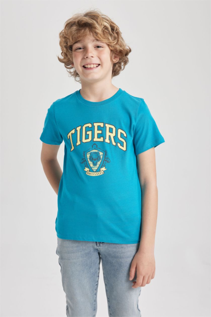 BOYS & TEENS Turquoise Boy Regular Fit Crew Neck Printed Short Sleeve T-Shirt