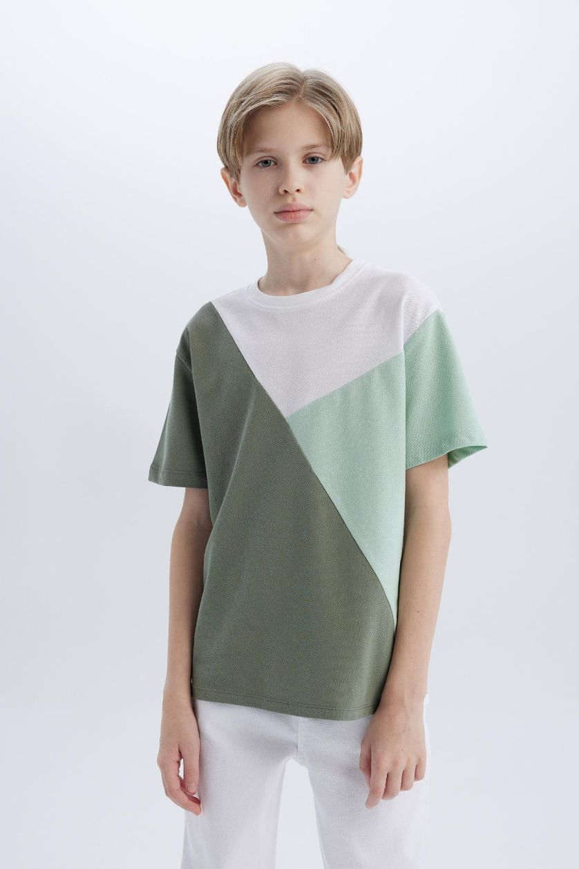 Erkek Çocuk - Genç Erkek Beyaz Bisiklet Yaka Renk Bloklu Pike Kısa Kollu Tişört Erkek Çocuk