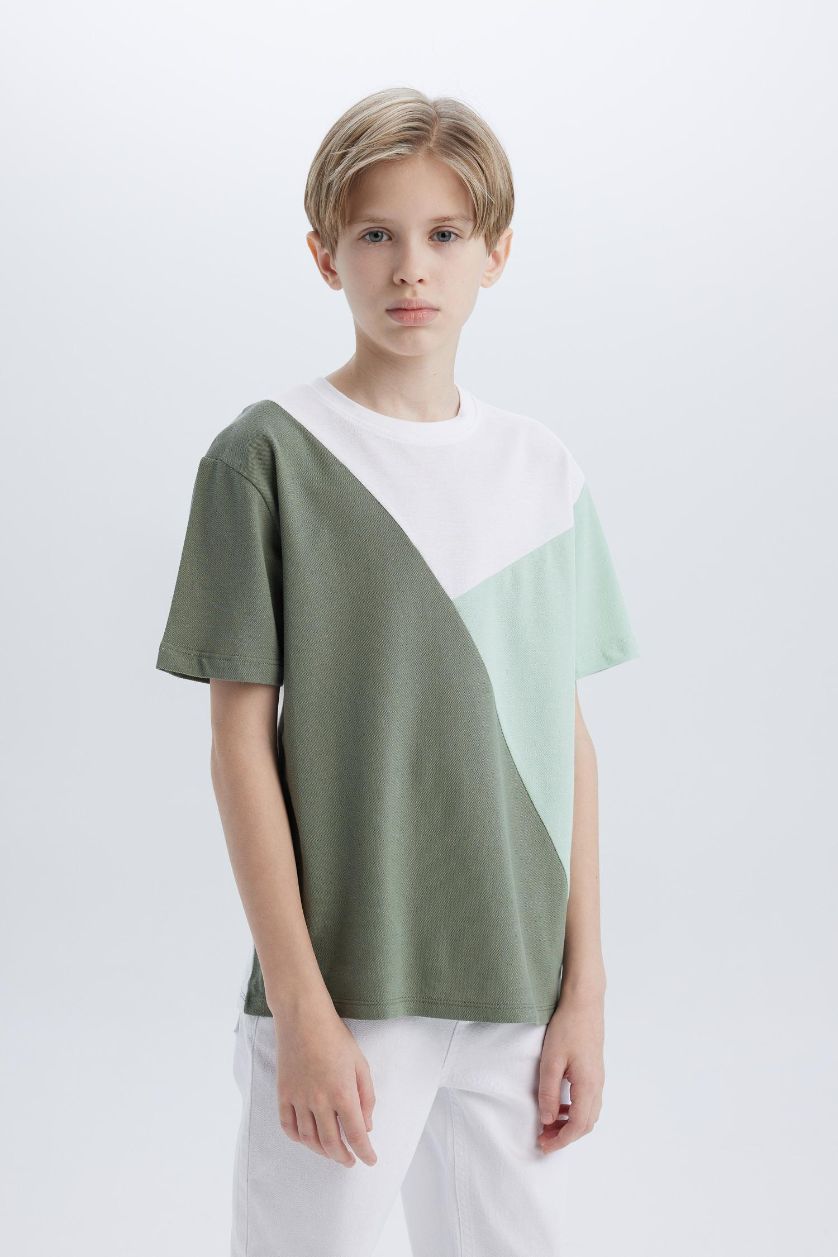 Erkek Çocuk - Genç Erkek Beyaz Bisiklet Yaka Renk Bloklu Pike Kısa Kollu Tişört Erkek Çocuk