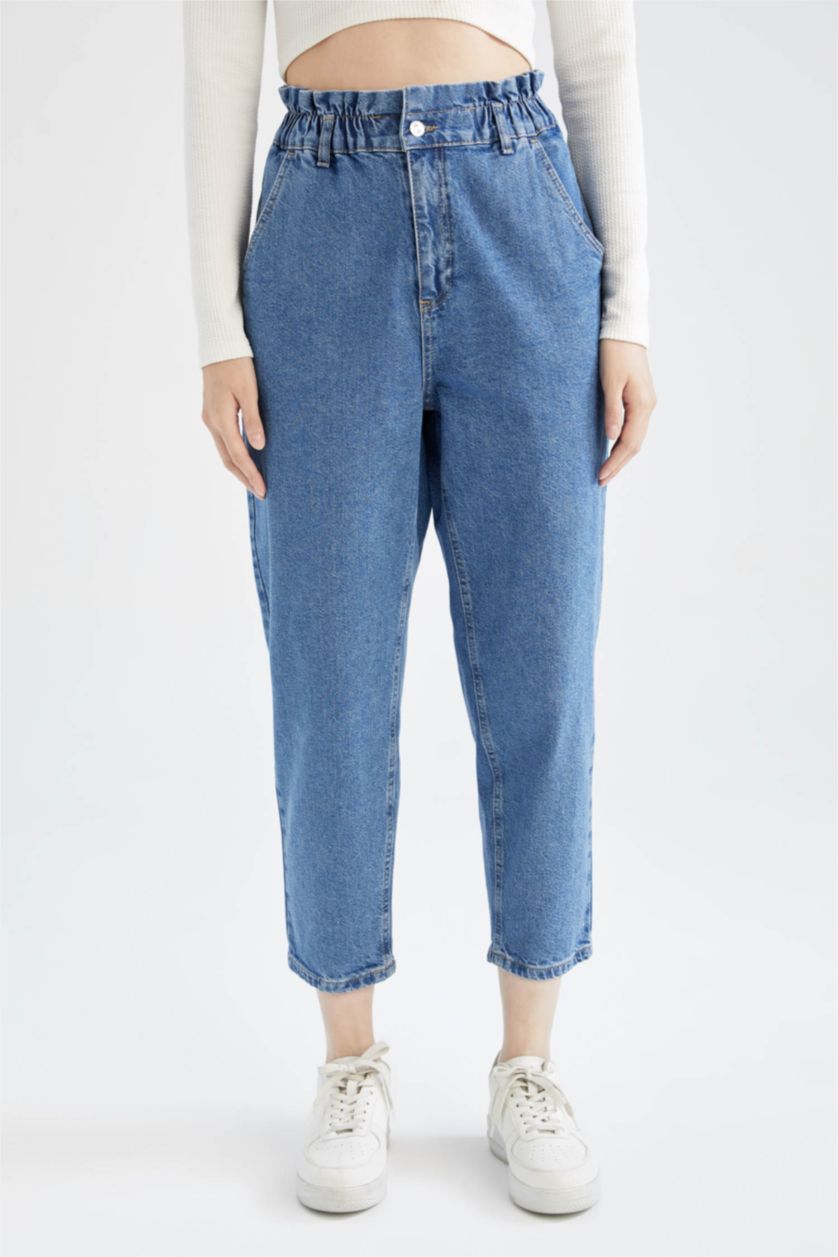 نساء أزرق High Waist Paperbag Fit Trousers