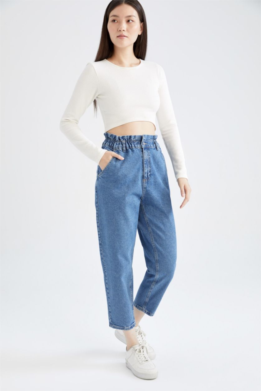نساء أزرق High Waist Paperbag Fit Trousers