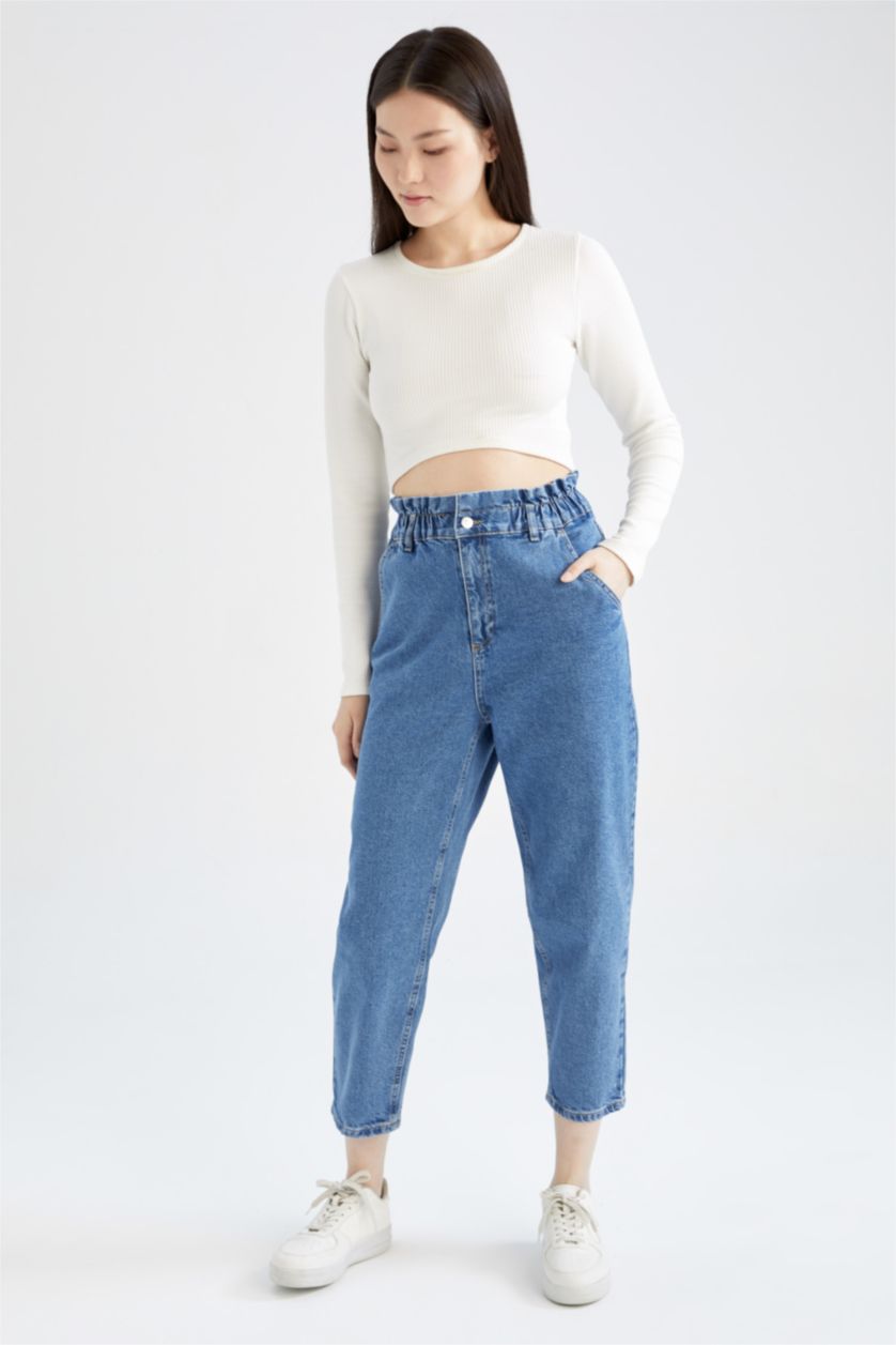 نساء أزرق High Waist Paperbag Fit Trousers