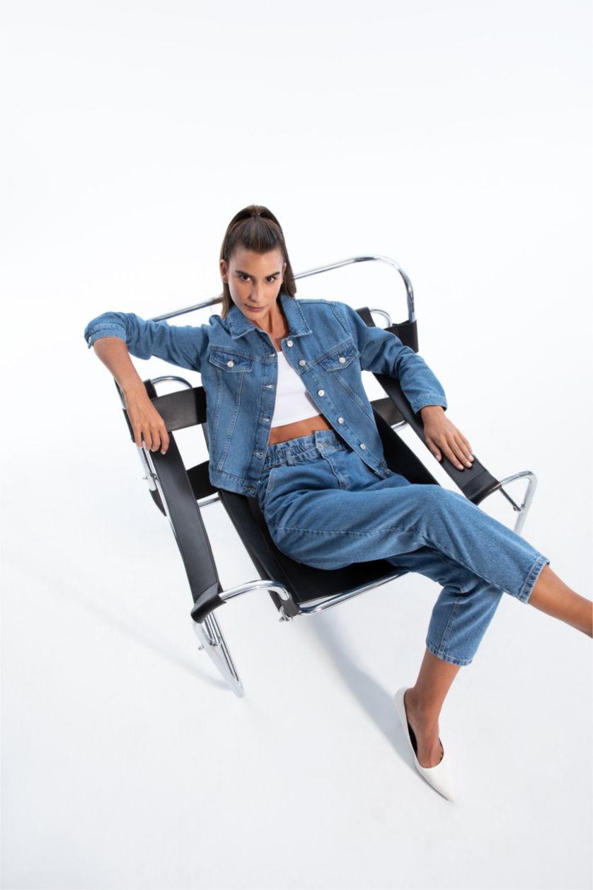 نساء أزرق High Waist Paperbag Fit Trousers