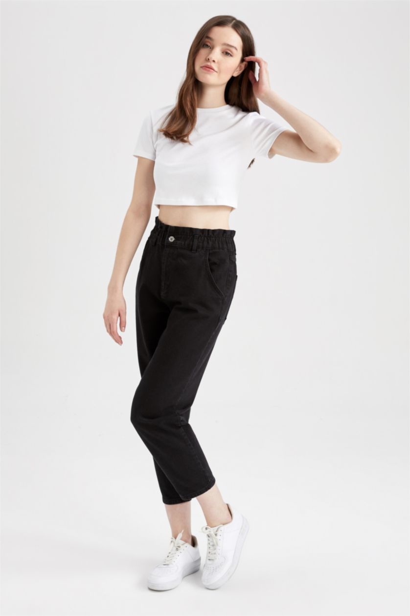 Женщины Черный Брюки paperbag с высокой талией