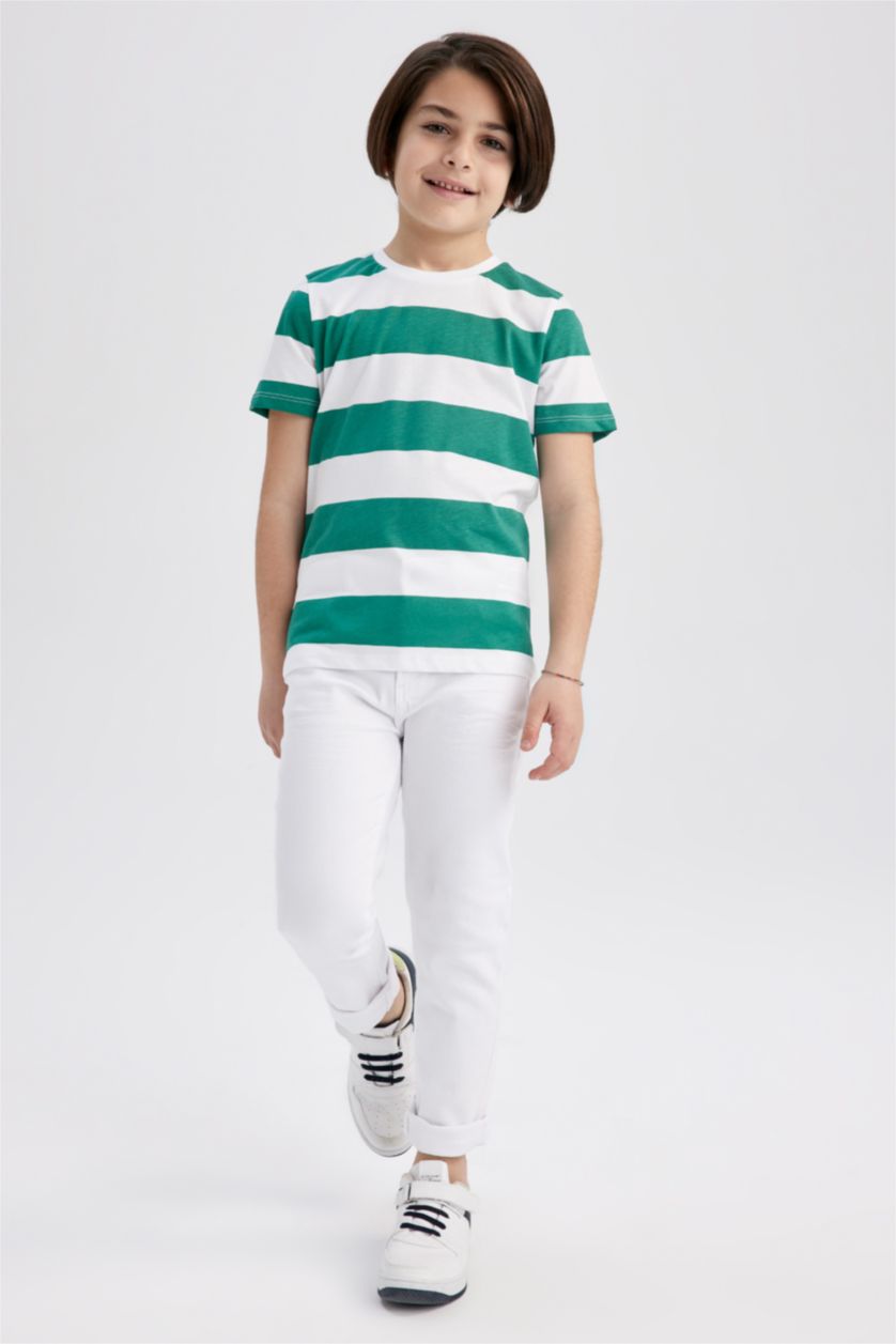 أولاد أخضر تي شيرت مخطط ولادي قصة عادية وياقة مستديرة