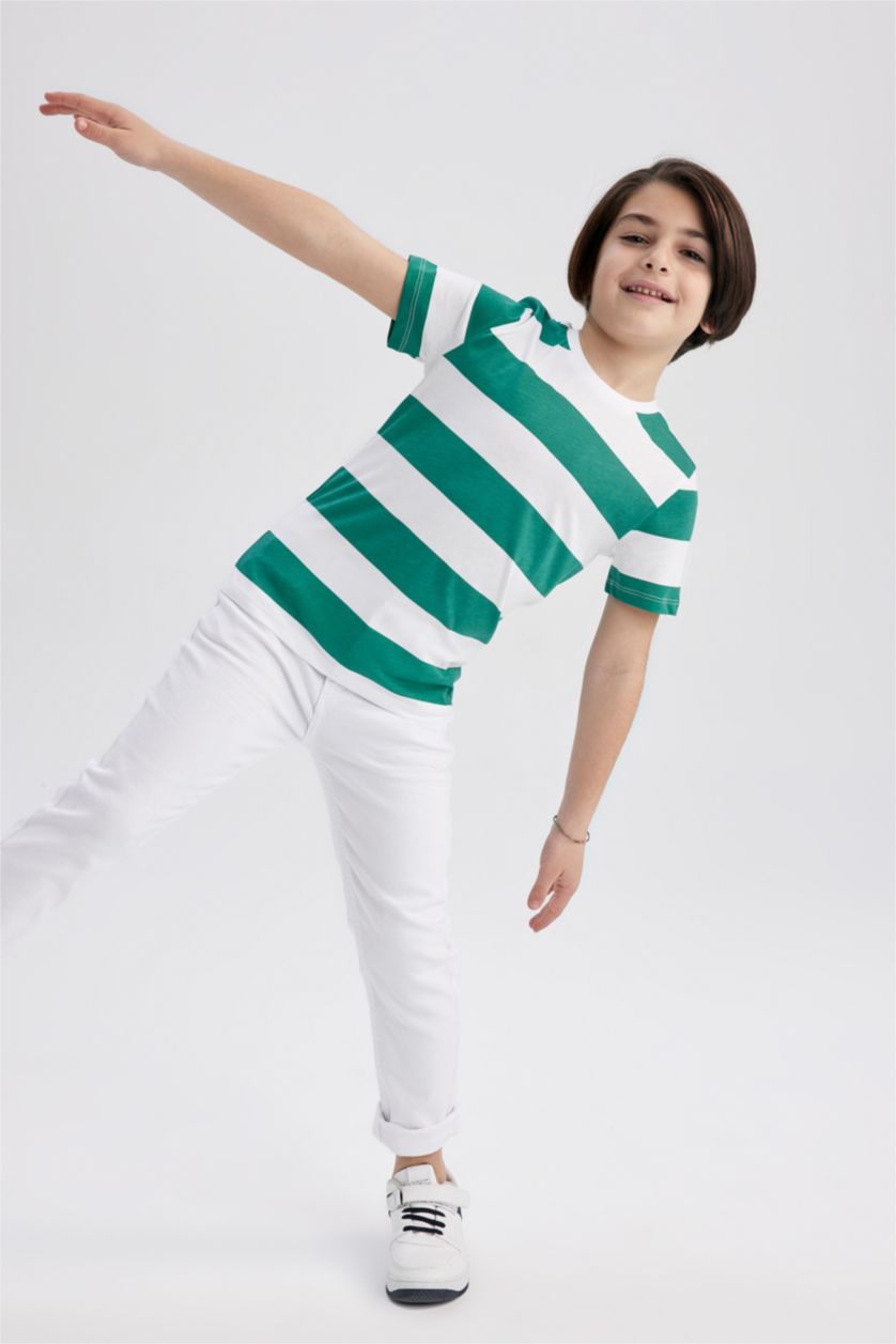 أولاد أخضر تي شيرت مخطط ولادي قصة عادية وياقة مستديرة