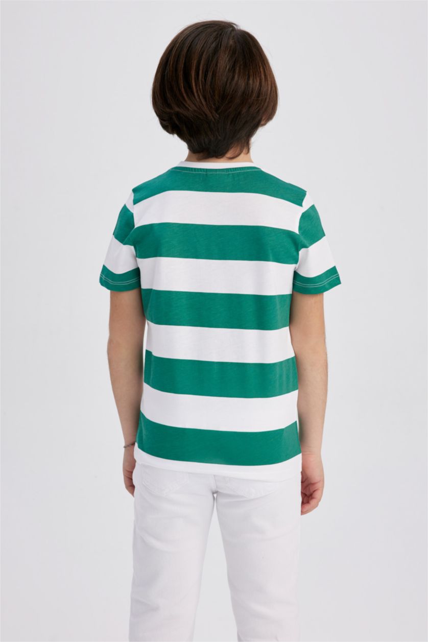 أولاد أخضر تي شيرت مخطط ولادي قصة عادية وياقة مستديرة