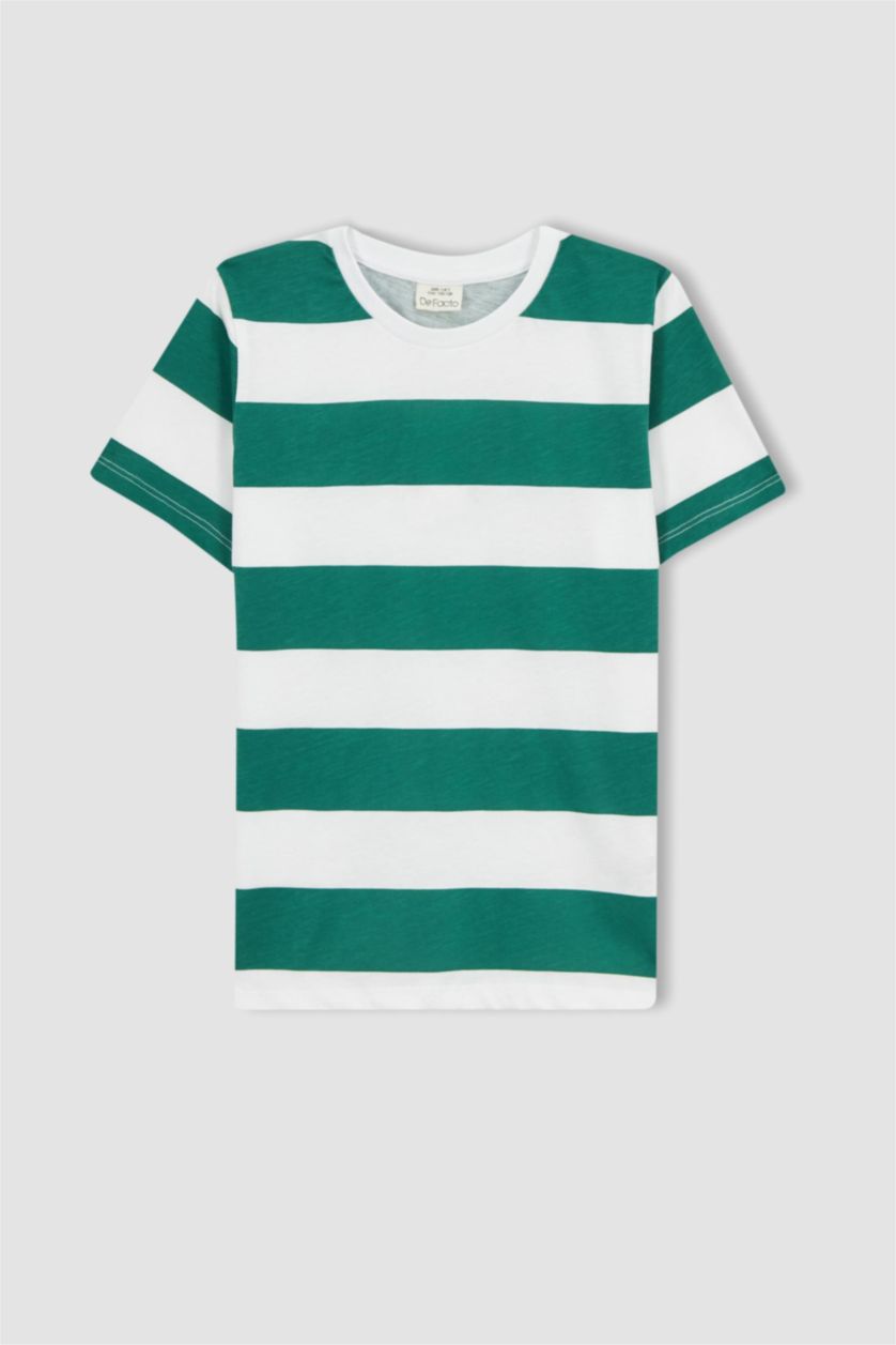 أولاد أخضر تي شيرت مخطط ولادي قصة عادية وياقة مستديرة