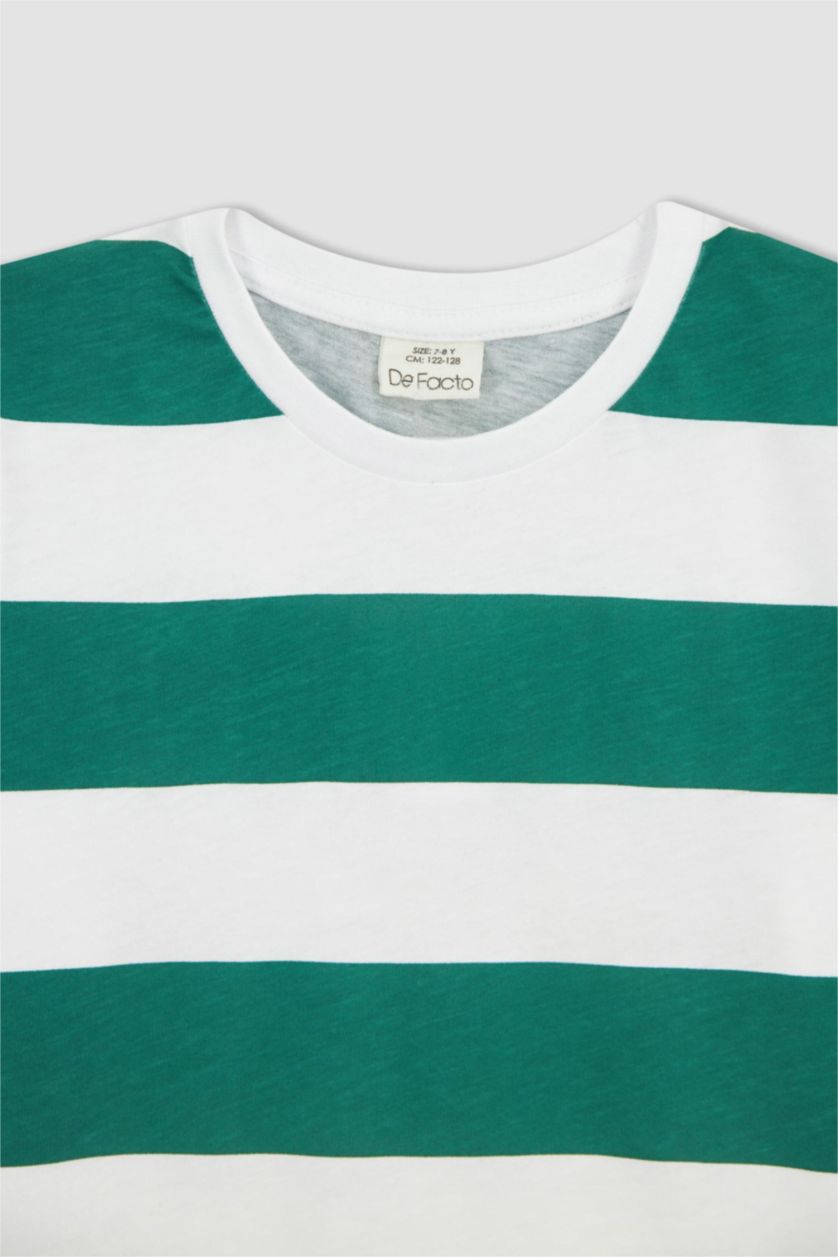 أولاد أخضر تي شيرت مخطط ولادي قصة عادية وياقة مستديرة