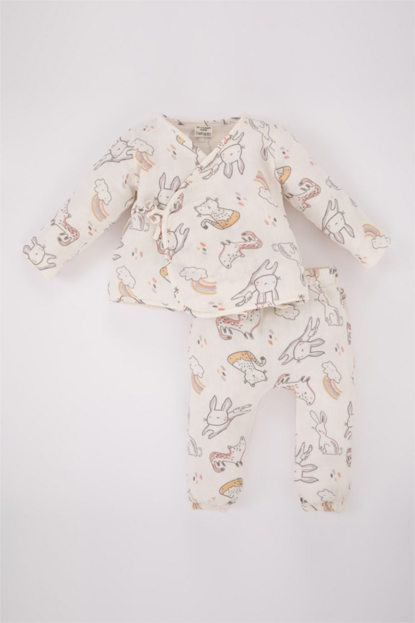 Baby Girl Ecru Baby Girl Patterned Long Sleeve Top Bottom Muslin 2-piece Set