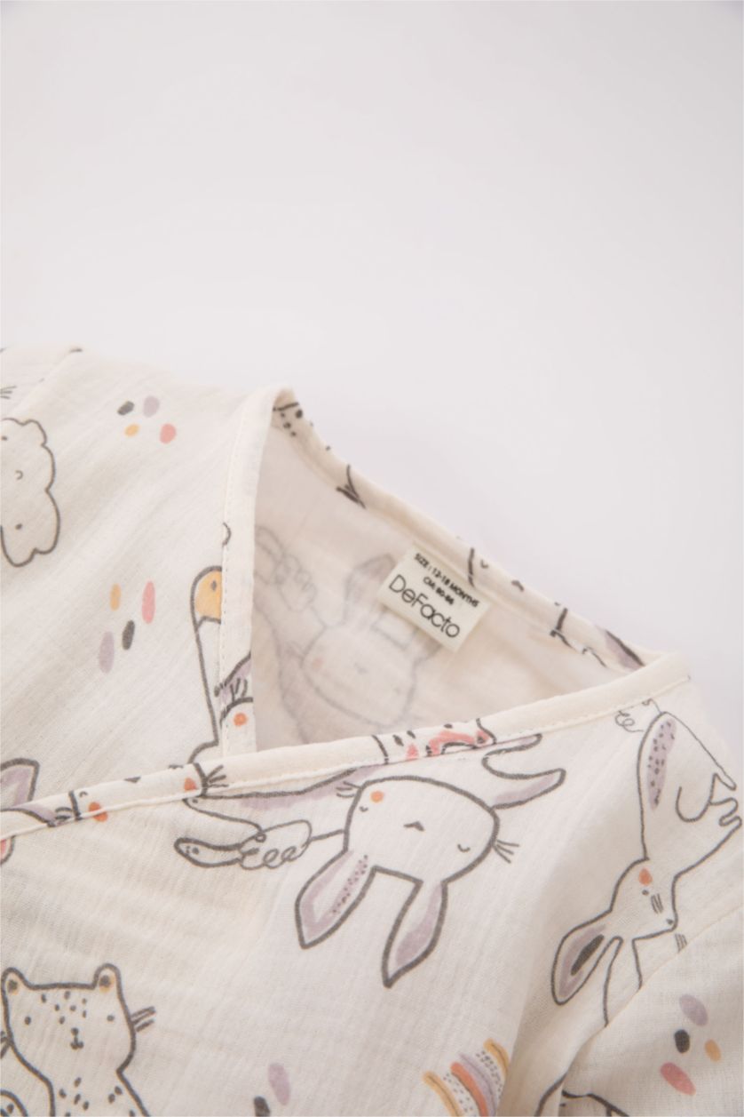 Baby Girl Ecru Baby Girl Patterned Long Sleeve Top Bottom Muslin 2-piece Set