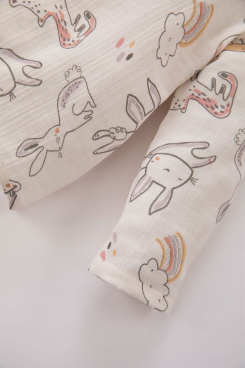 Baby Girl Ecru Baby Girl Patterned Long Sleeve Top Bottom Muslin 2-piece Set