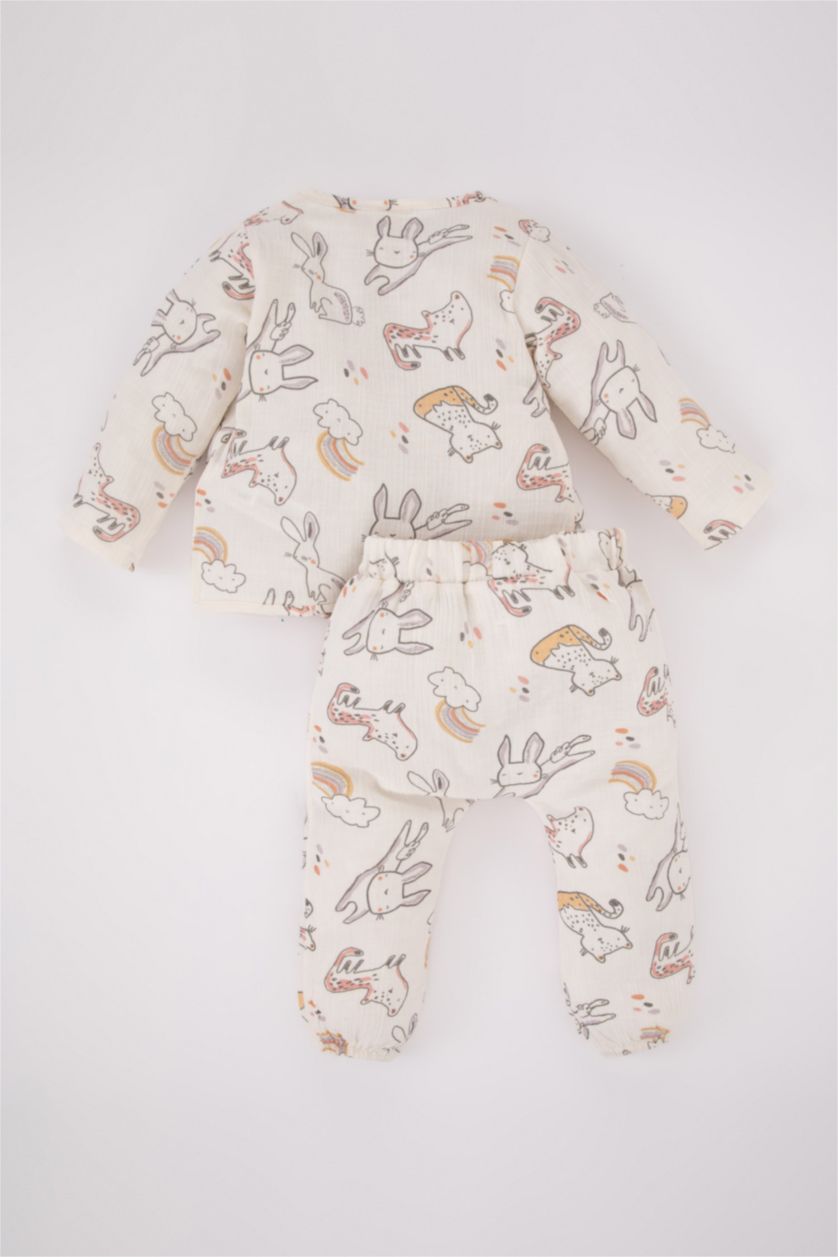 Baby Girl Ecru Baby Girl Patterned Long Sleeve Top Bottom Muslin 2-piece Set