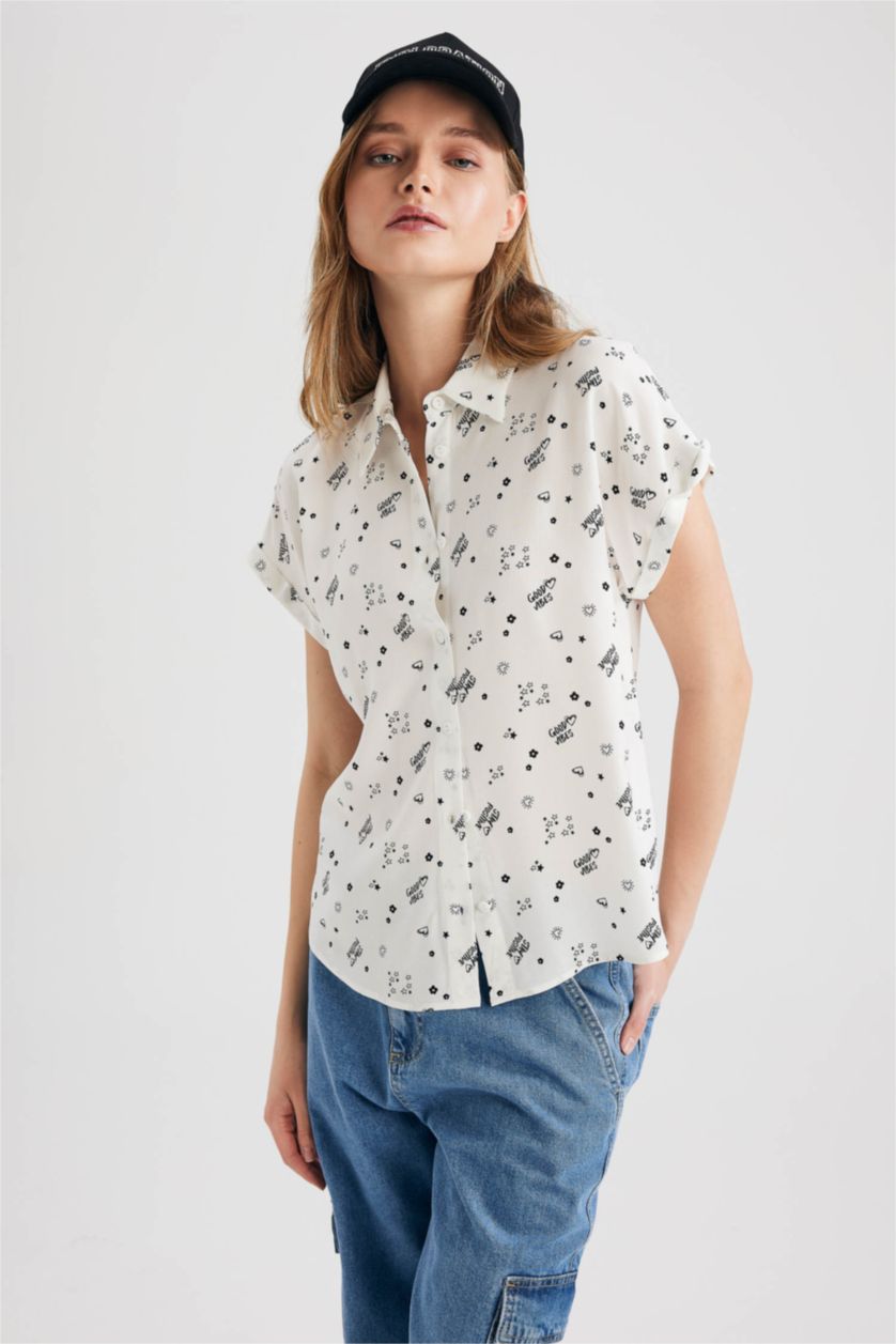 WOMAN White Regular Fit Printed Short Sleeve Shirt