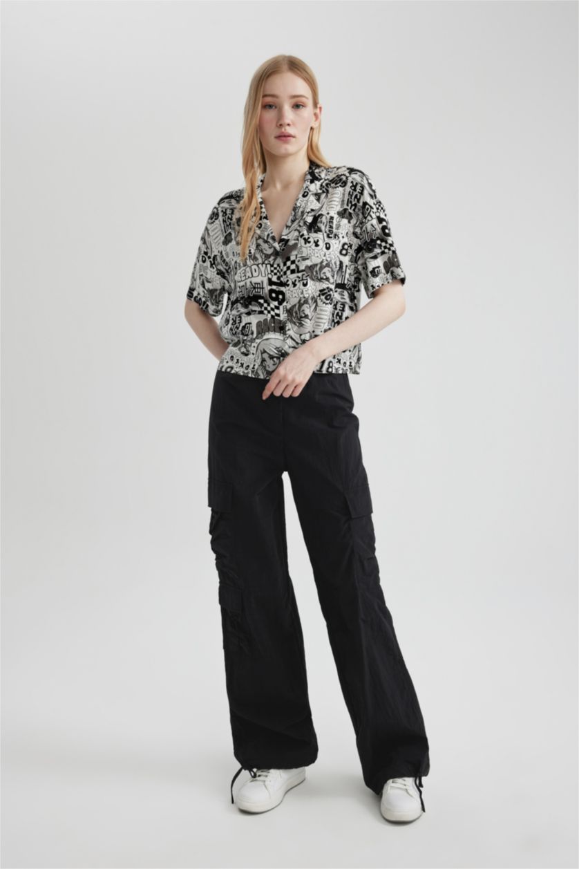 WOMAN Black Patterned Pajama Collar Short Sleeve Shirt