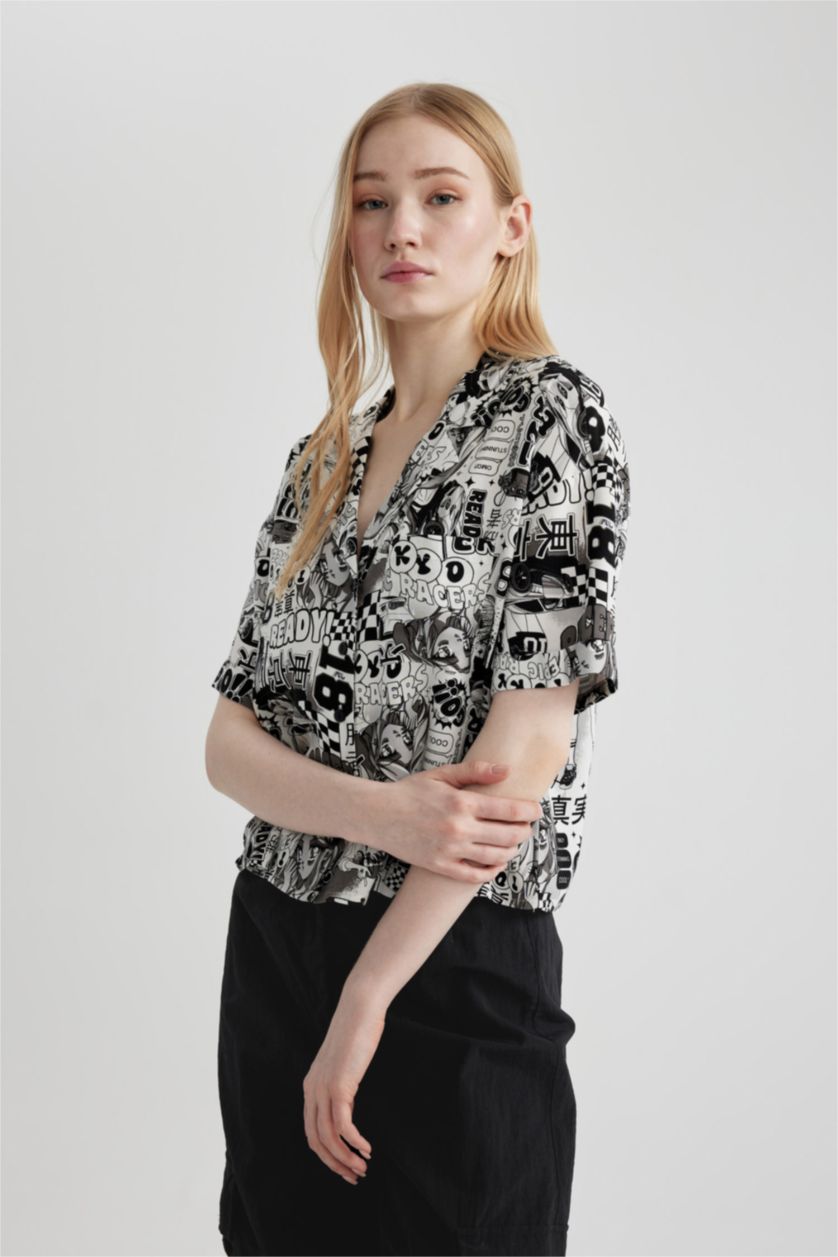 WOMAN Black Patterned Pajama Collar Short Sleeve Shirt