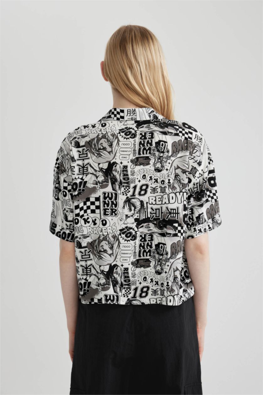 WOMAN Black Patterned Pajama Collar Short Sleeve Shirt